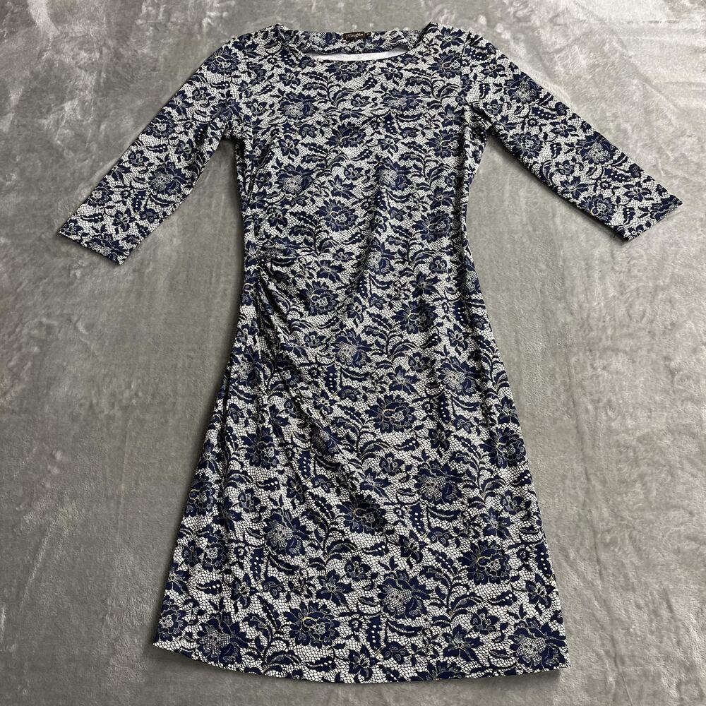 J. McLaughlin Dress Womens‎ XS Blue Floral Ruched 3/4 Sleeve Sheath Jersey